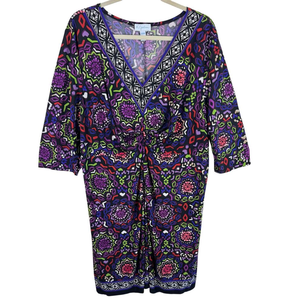 K. Jordan Colorful V-Neck‎ 3/4 Sleeve Stretchy Ruched Pullover Dress Size 24W